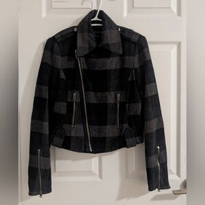 Vtg 2009 American Eagle Wool Moto Jacket Buffalo Plaid Grey Black S Archive EUC